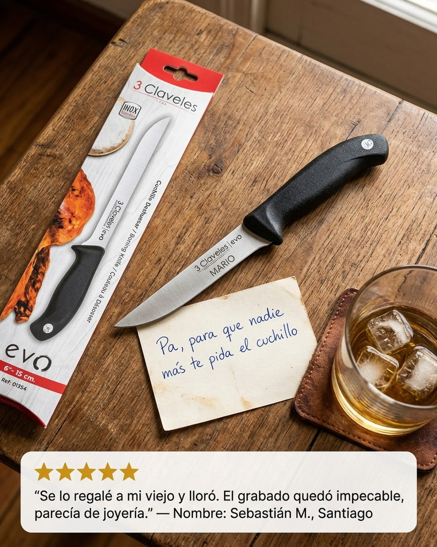 Cuchillo De Cocina 15cm Deshuesar 3 Claveles Evo Acero Color Gris + Grabado Personalizado