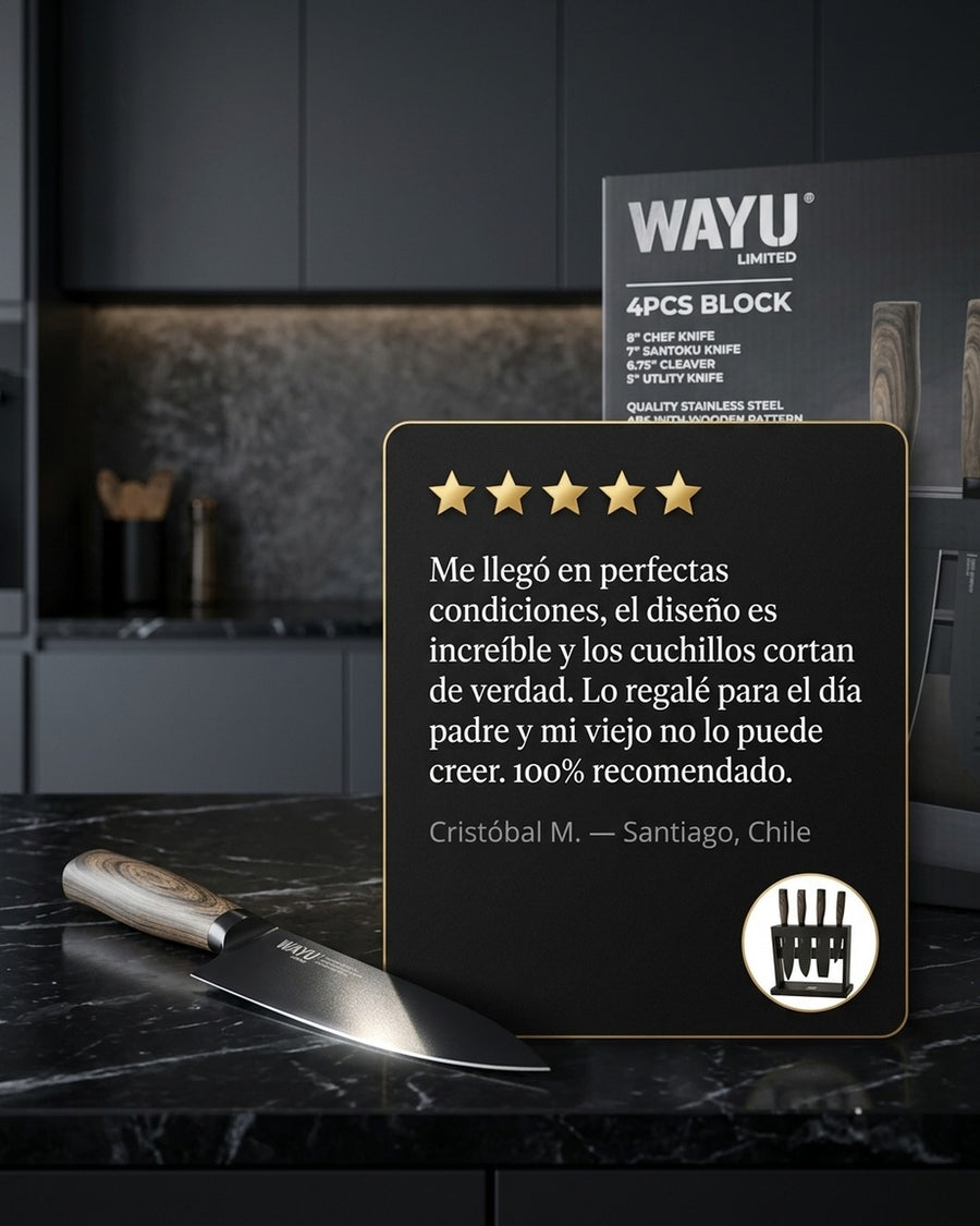 Block Soporte Para Cuchillos + Set 4pcs Wayu Asado Cocina + Grabado Personalizado