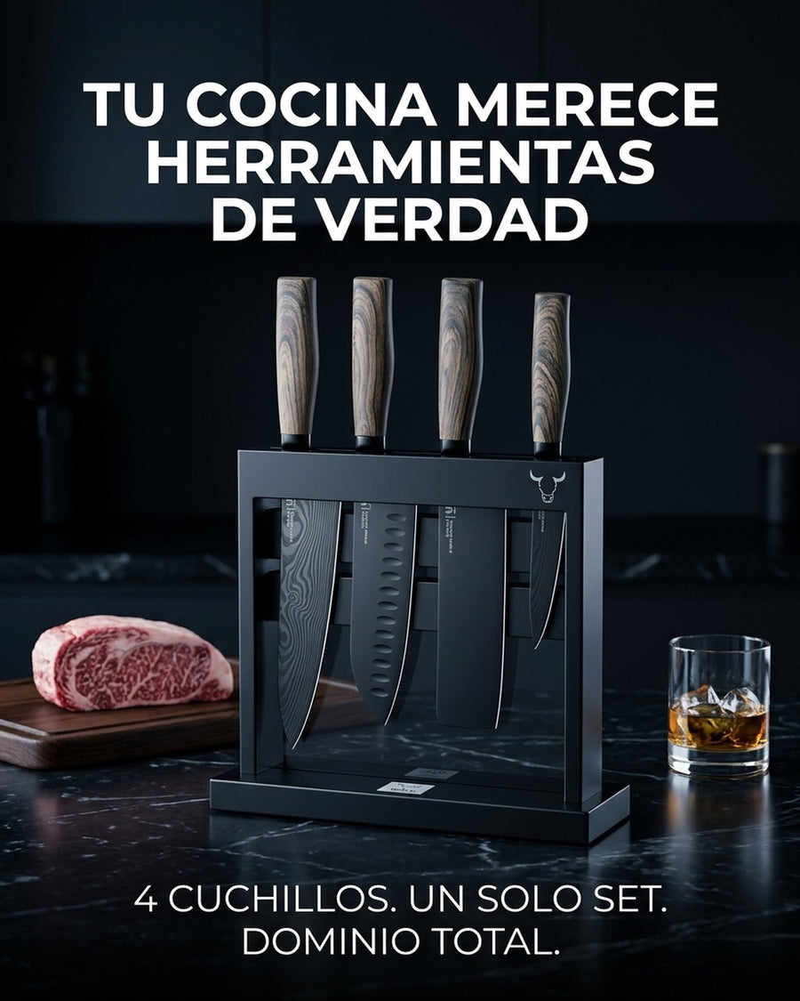 Block Soporte Para Cuchillos + Set 4pcs Wayu Asado Cocina + Grabado Personalizado