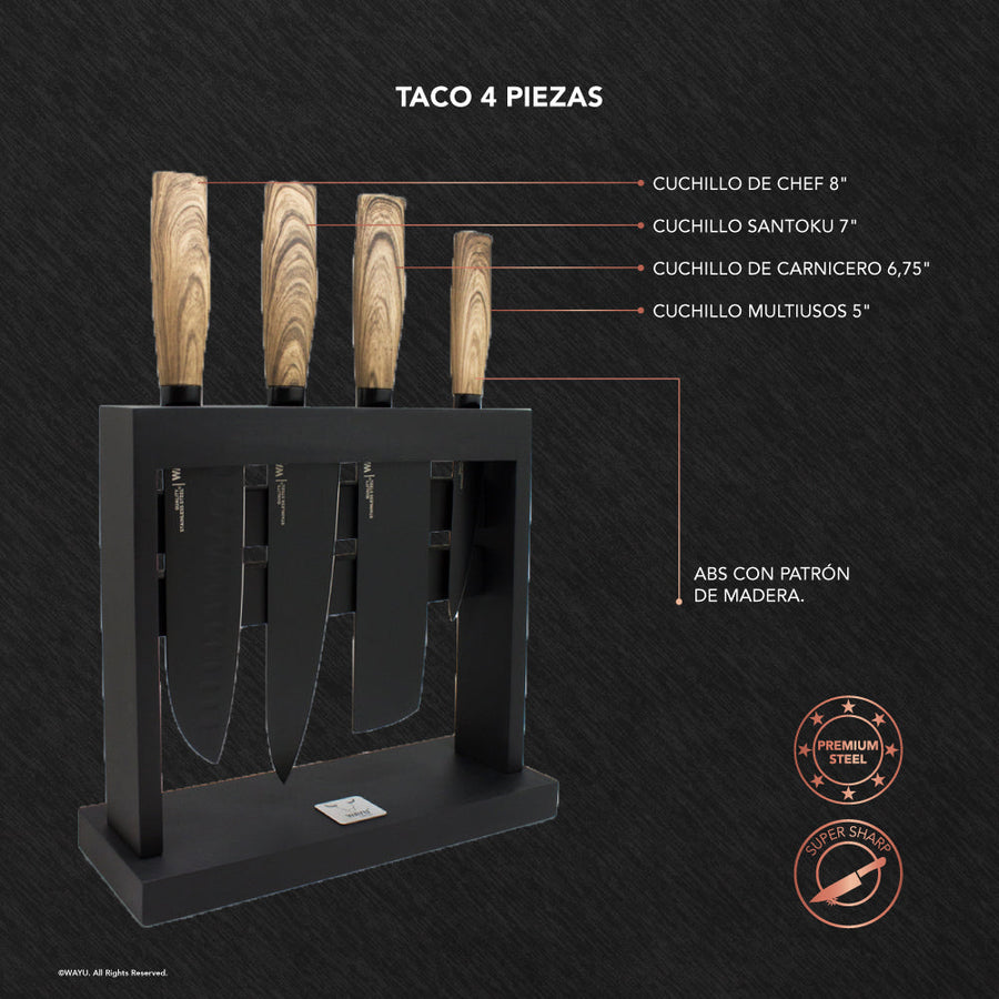 Block Soporte Para Cuchillos + Set 4pcs Wayu Asado Cocina + Grabado Personalizado
