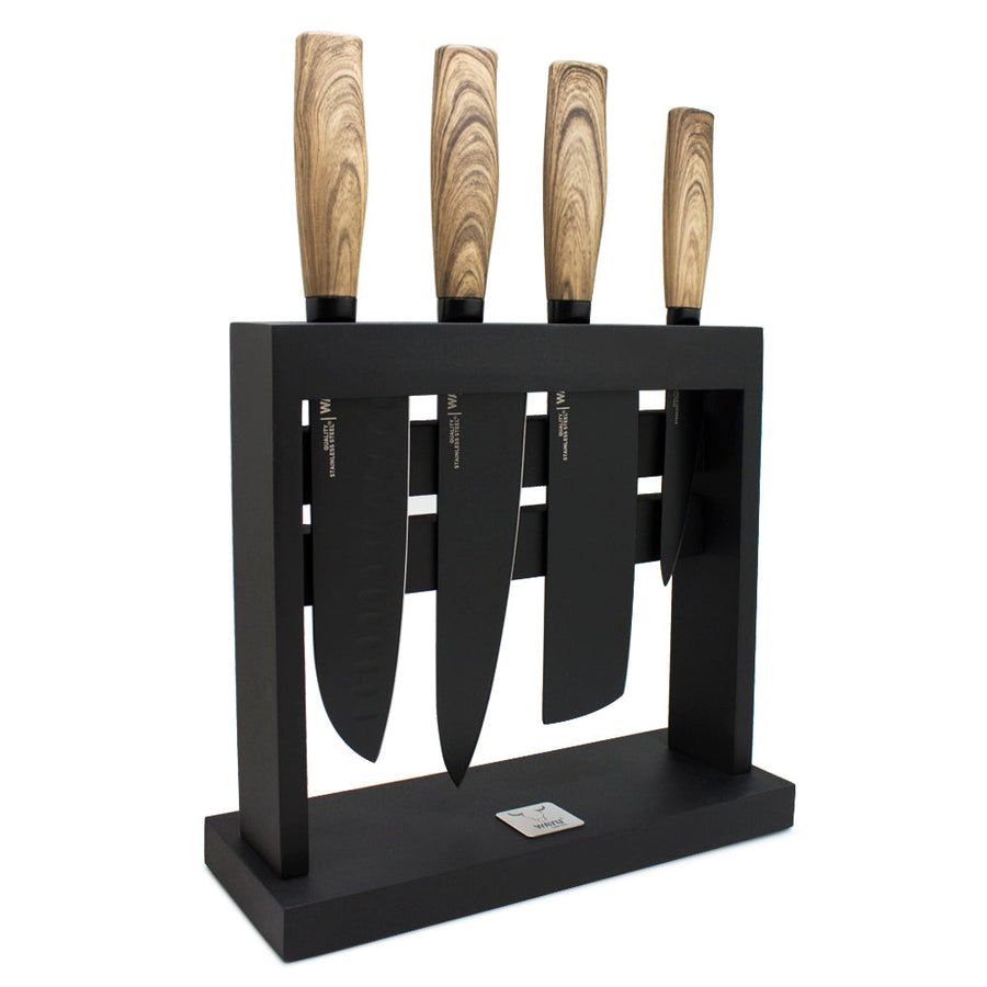 Block Soporte Para Cuchillos + Set 4pcs Wayu Asado Cocina + Grabado Personalizado