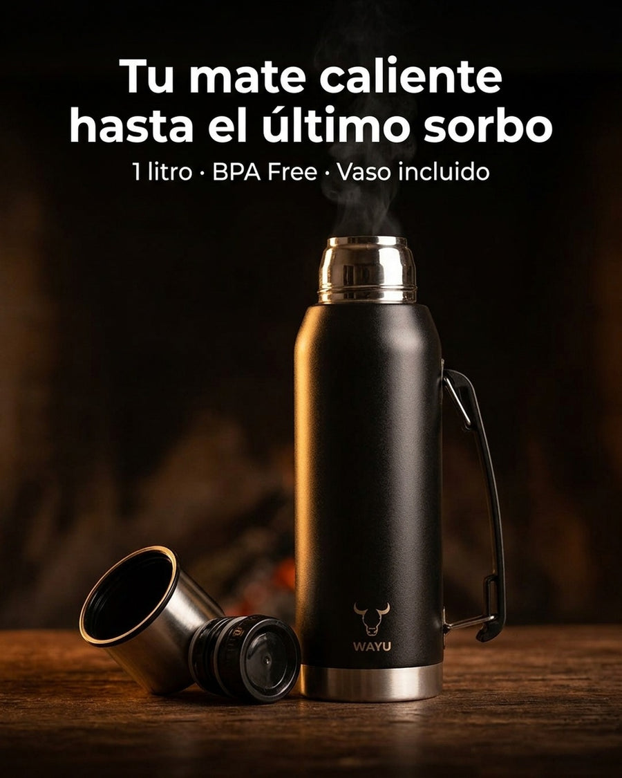 Termo Wayu Premiun De 1 Litro Agua Caliente Libre Bpa Mate + Grabado Personalizado