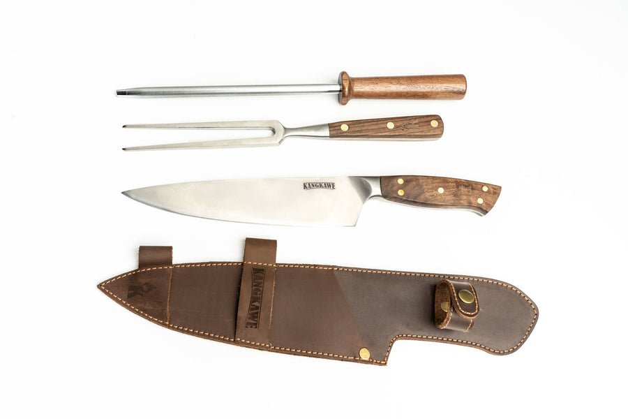 Trilogía en Cuero Kangkawe: Pincho Pro + Cuchillo Catemu + Astil + Grabado Láser
