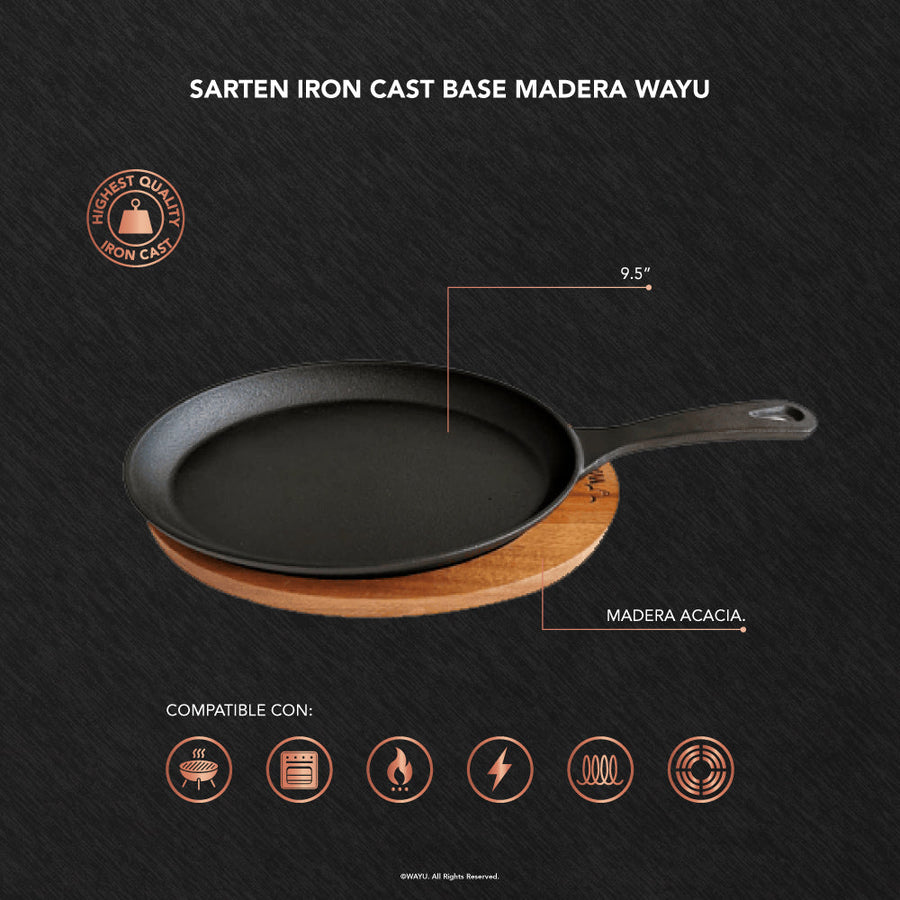 Sartén Ovalado Wayu Hierro Fundido Con Base Madera Fierro