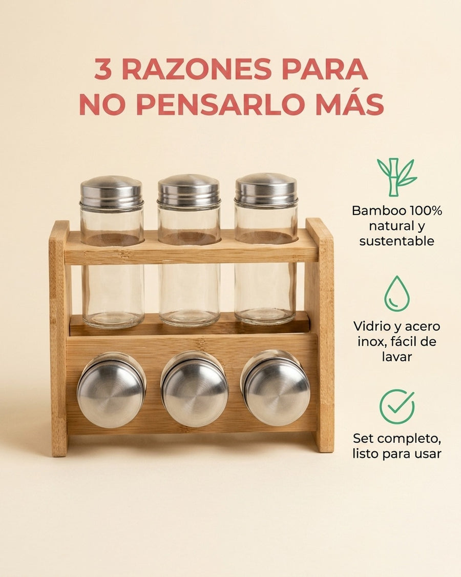 Especiero Condimentero 6 Frascos Cocina Bamboo Wayu Color Transparente