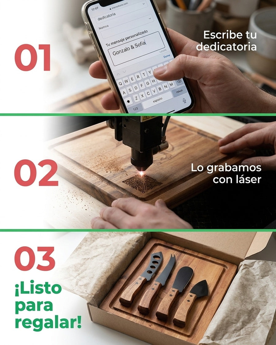 Tabla Para Aperitivos Wayu + 4 Cuchillos Quesos Premium + Grabado Personalizado