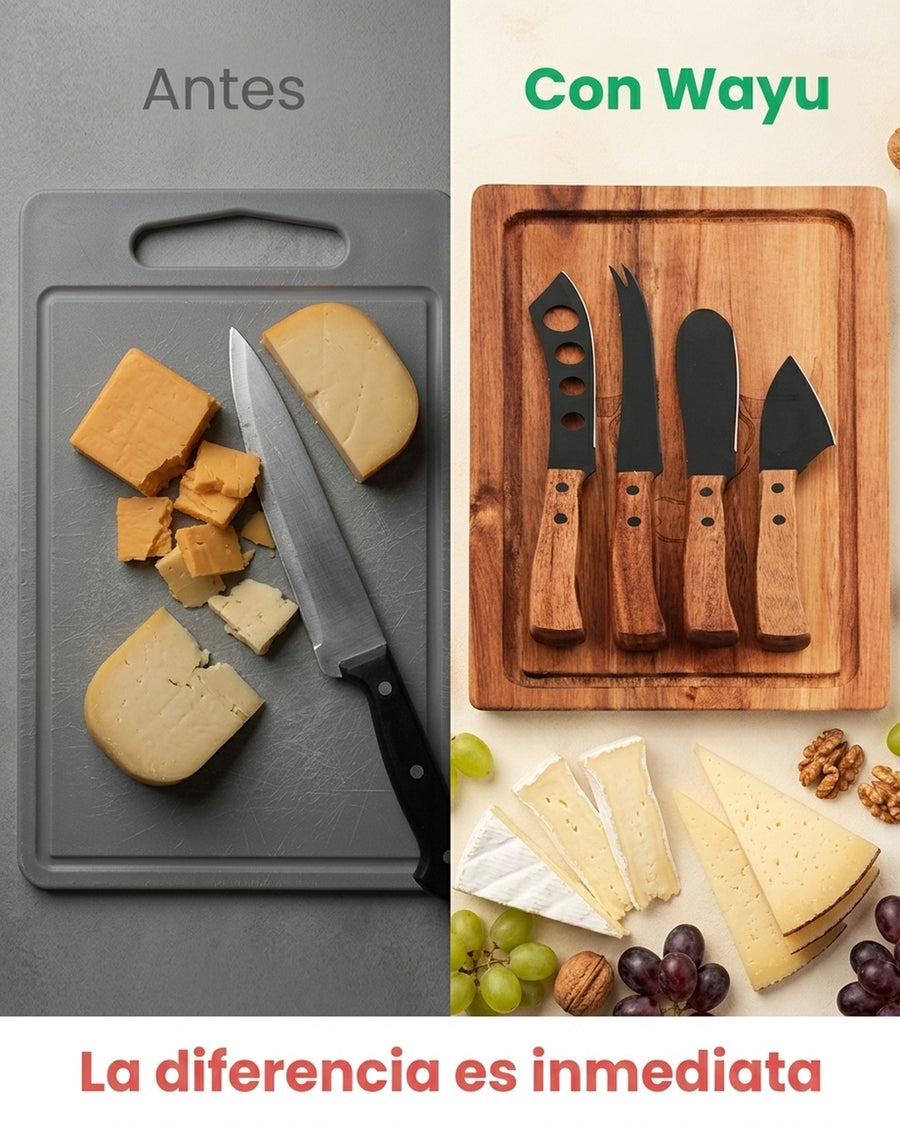 Tabla Para Aperitivos Wayu + 4 Cuchillos Quesos Premium + Grabado Personalizado