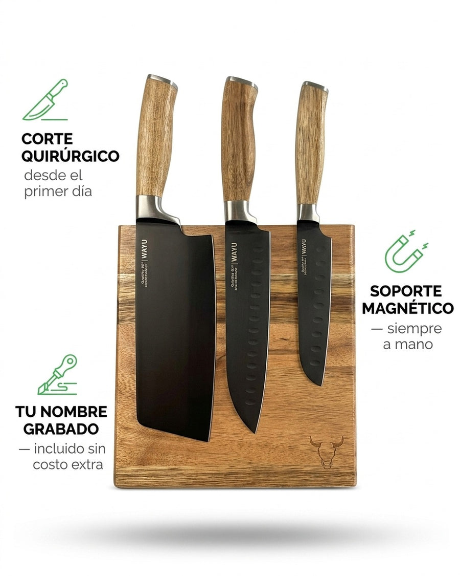 Block Magnético 3 Cuchillos Wayu Premium Limited Cocina Bbq + Grabado Personalizado