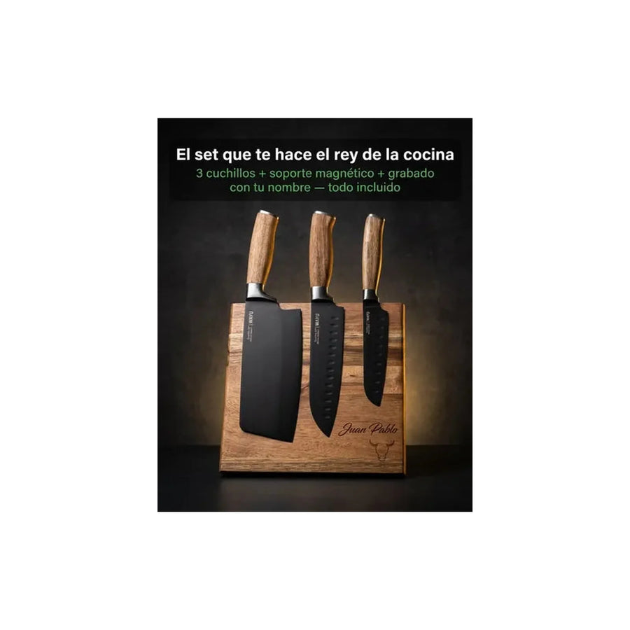 Block Magnético 3 Cuchillos Wayu Premium Limited Cocina Bbq + Grabado Personalizado