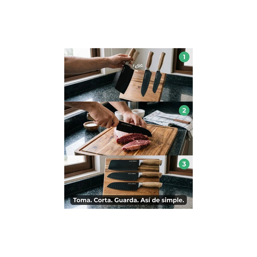 Block Magnético 3 Cuchillos Wayu Premium Limited Cocina Bbq + Grabado Personalizado