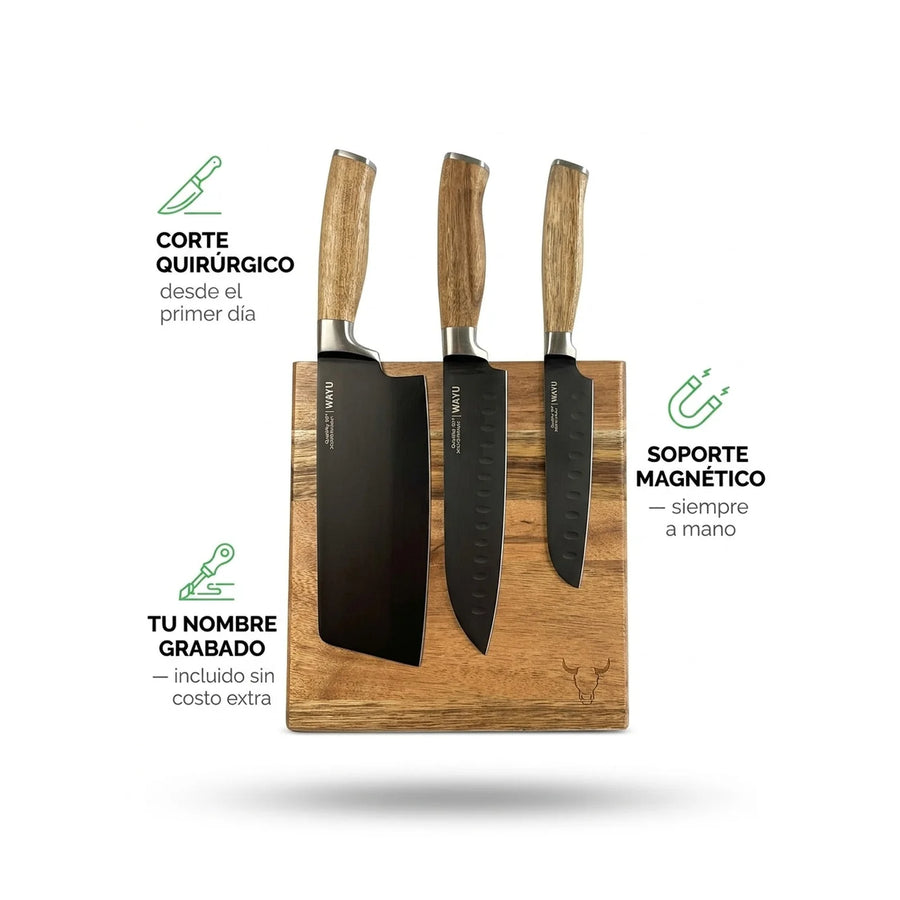 Block Magnético 3 Cuchillos Wayu Premium Limited Cocina Bbq + Grabado Personalizado