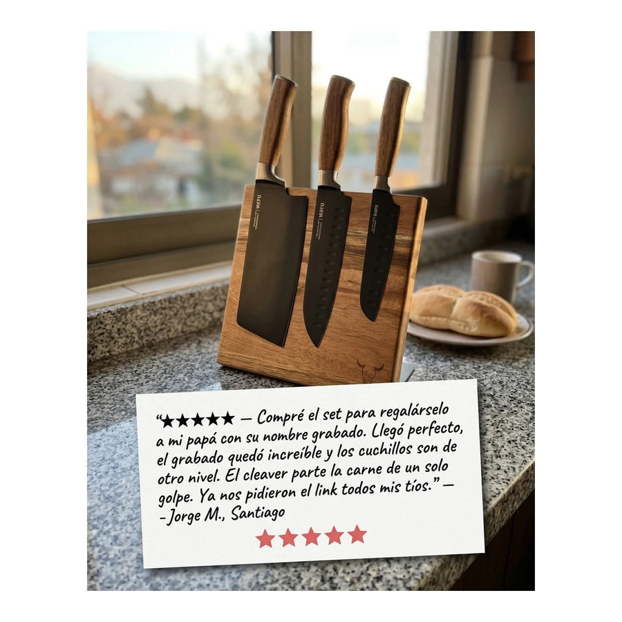 Block Magnético 3 Cuchillos Wayu Premium Limited Cocina Bbq + Grabado Personalizado