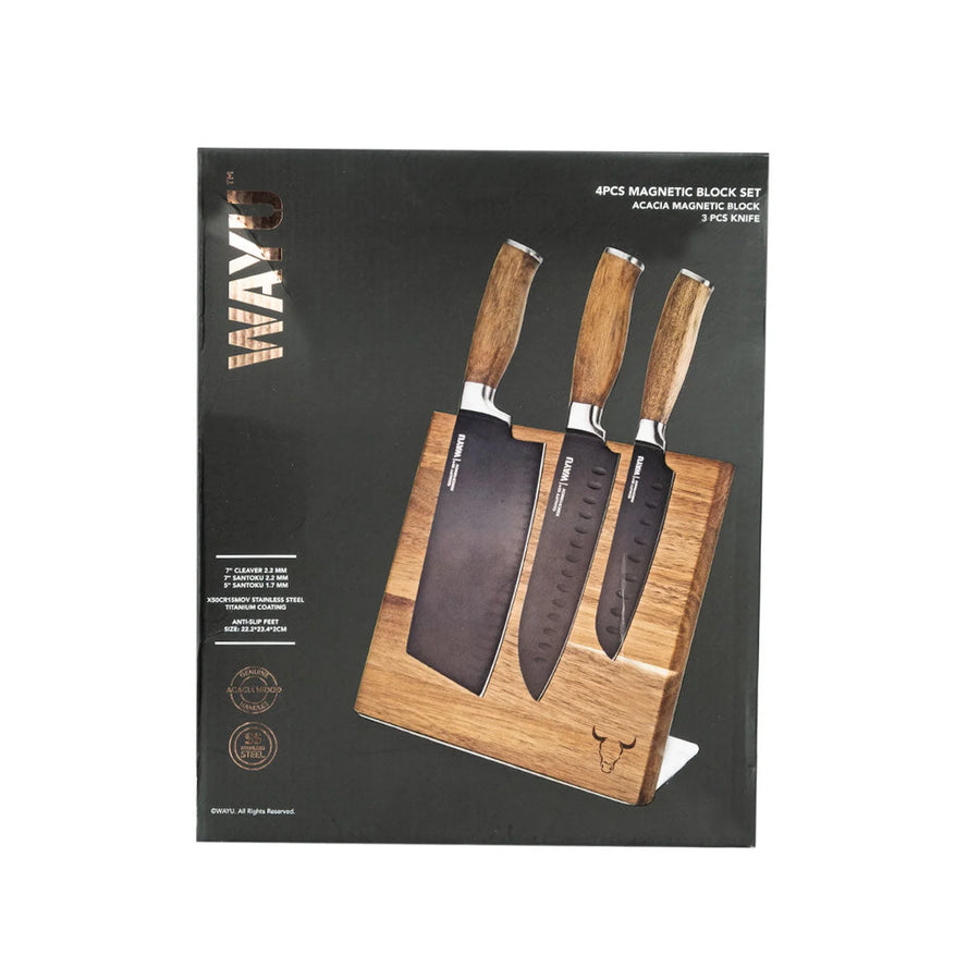 Block Magnético 3 Cuchillos Wayu Premium Limited Cocina Bbq + Grabado Personalizado