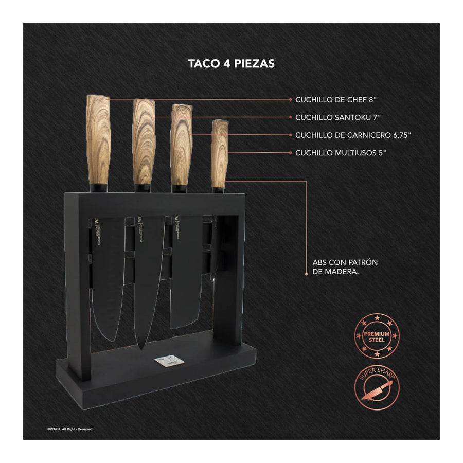 Block Soporte Para Cuchillos + Set 4pcs Wayu Asado Cocina + Grabado Personalizado
