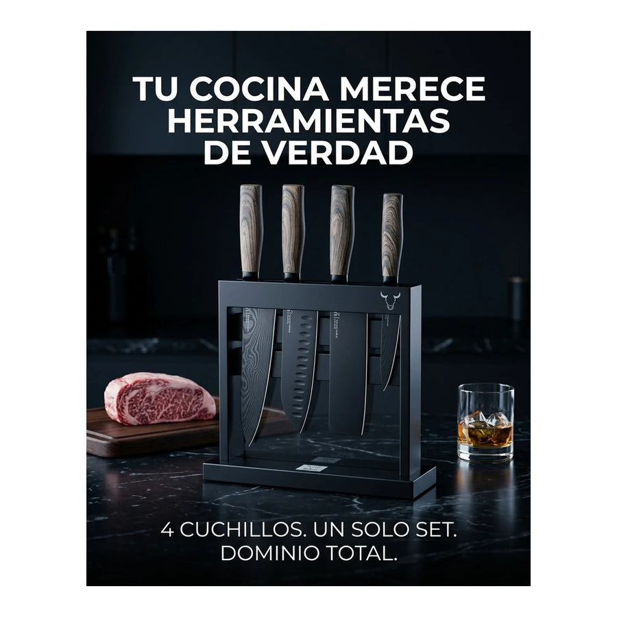 Block Soporte Para Cuchillos + Set 4pcs Wayu Asado Cocina + Grabado Personalizado