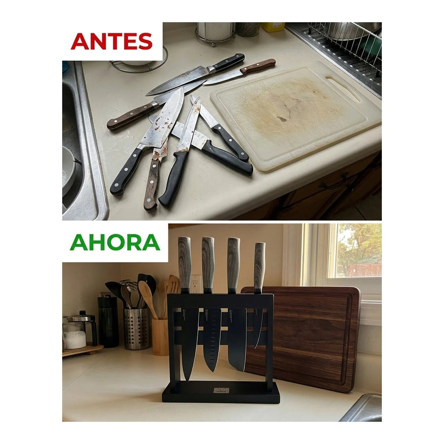 Block Soporte Para Cuchillos + Set 4pcs Wayu Asado Cocina + Grabado Personalizado