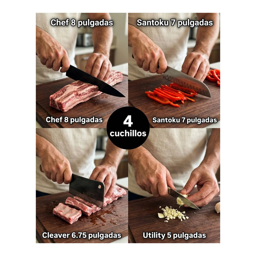 Block Soporte Para Cuchillos + Set 4pcs Wayu Asado Cocina + Grabado Personalizado