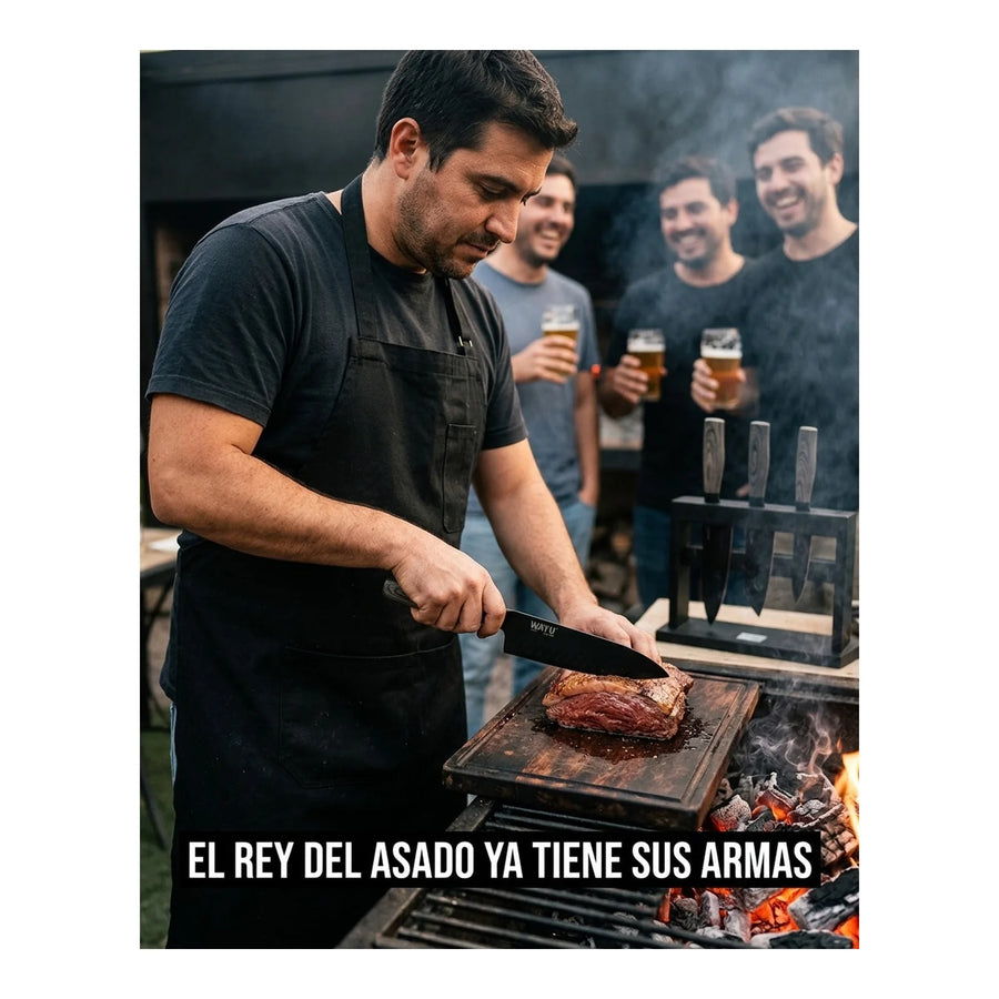 Block Soporte Para Cuchillos + Set 4pcs Wayu Asado Cocina + Grabado Personalizado