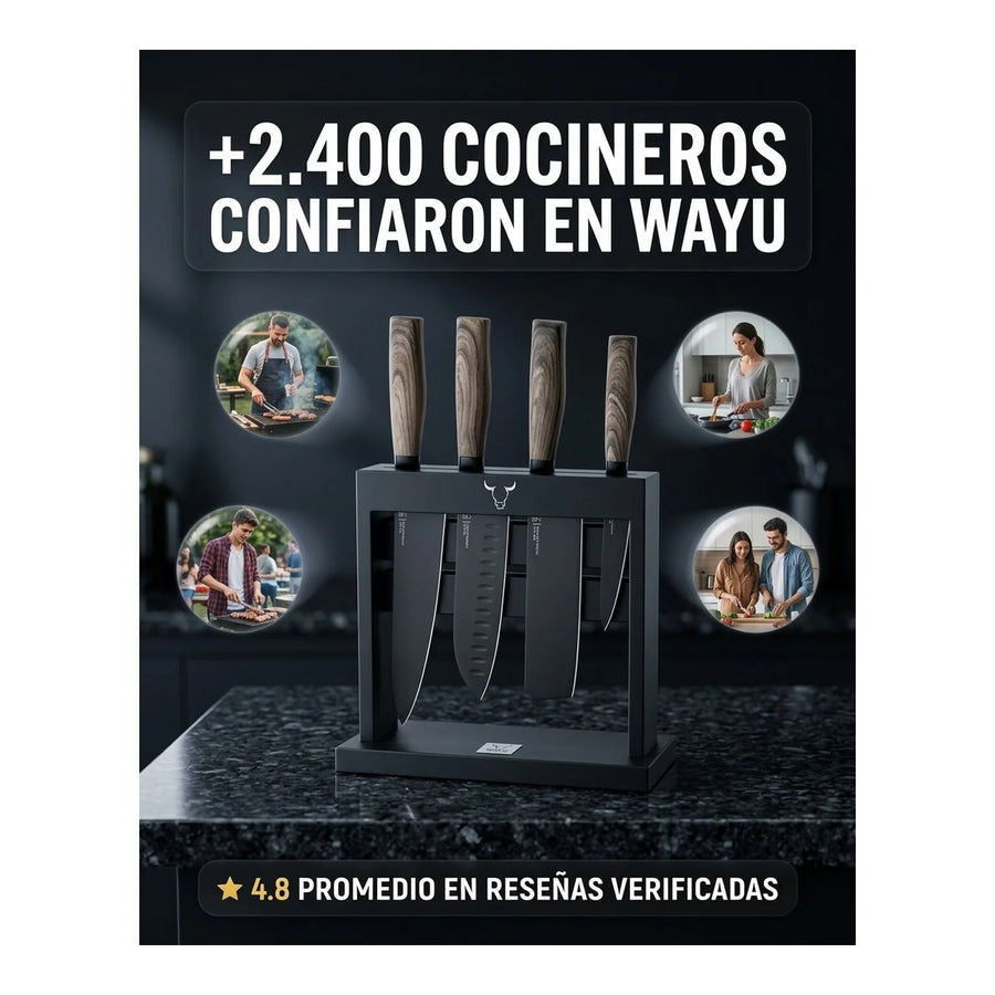 Block Soporte Para Cuchillos + Set 4pcs Wayu Asado Cocina + Grabado Personalizado