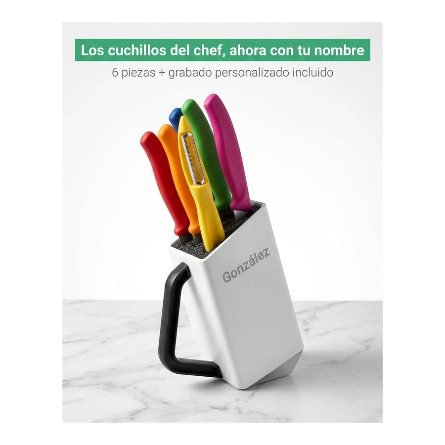 Bloque Cuchillos Victorinox Swiss Classic Blanco — Set 6 Piezas Suiza + Grabado Personalizado