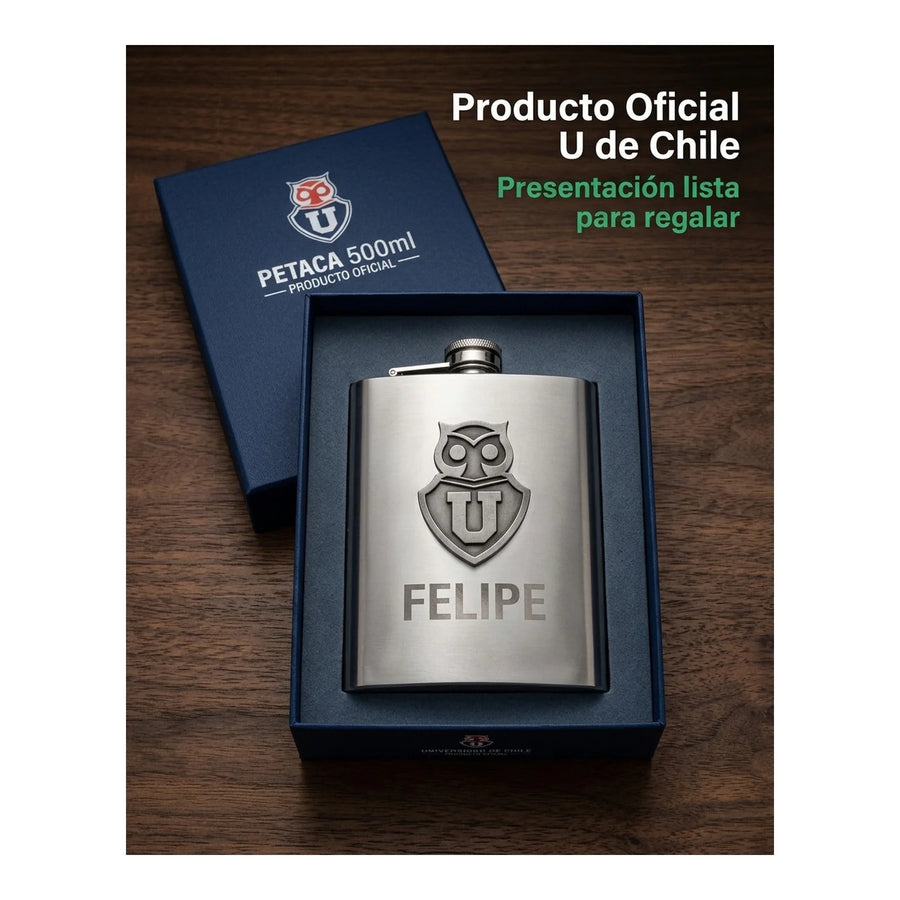 Botella Petaca Metálica 500ml U De Chile + Grabado Gratis