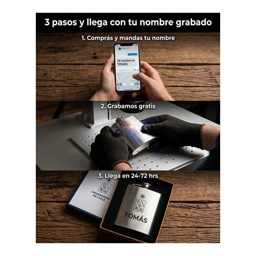 Botella Petaca Metálica 500ml U De Chile + Grabado Gratis