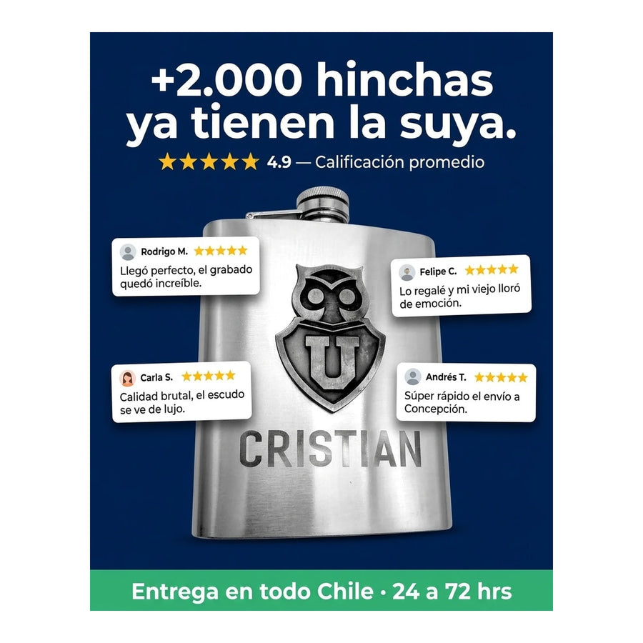 Botella Petaca Metálica 500ml U De Chile + Grabado Gratis
