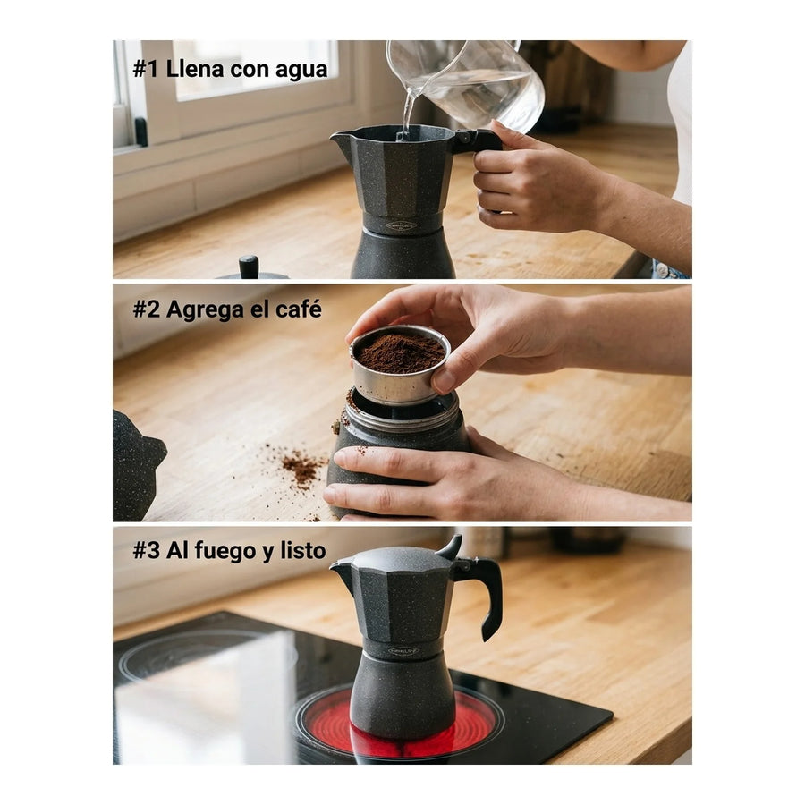 Cafetera Italiana Inducción Oroley Petra Black 6 Tazas Café