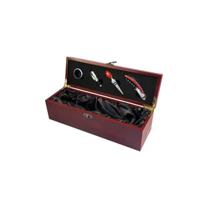 Caja Set Vino Madera Barnizada 4 Accesorios + Grabado Gratis