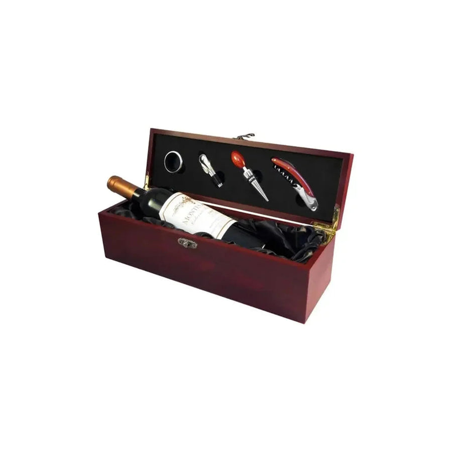 Caja Set Vino Madera Barnizada 4 Accesorios + Grabado Gratis