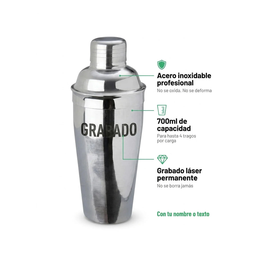 Coctelera Bar Profesional 700ml Acero Inoxidable + Grabado Gris