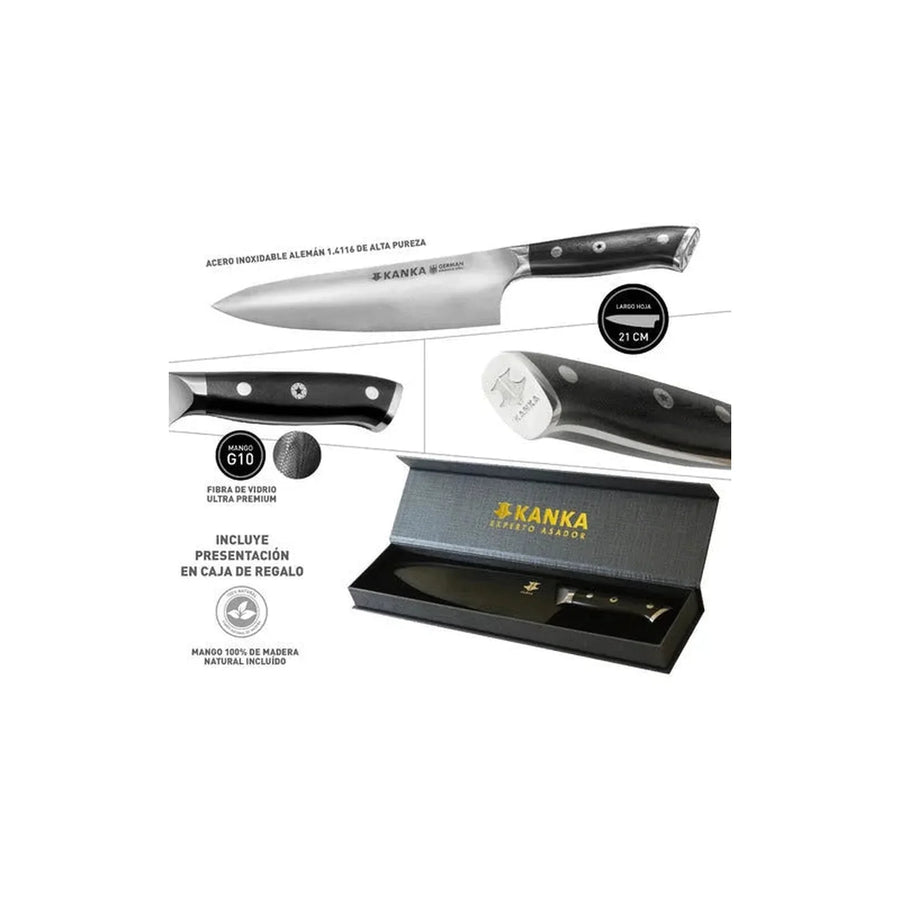 Cuchillo Chef Acero Alemán Kanka 8" — Funda Madera + Grabado Láser Gratis