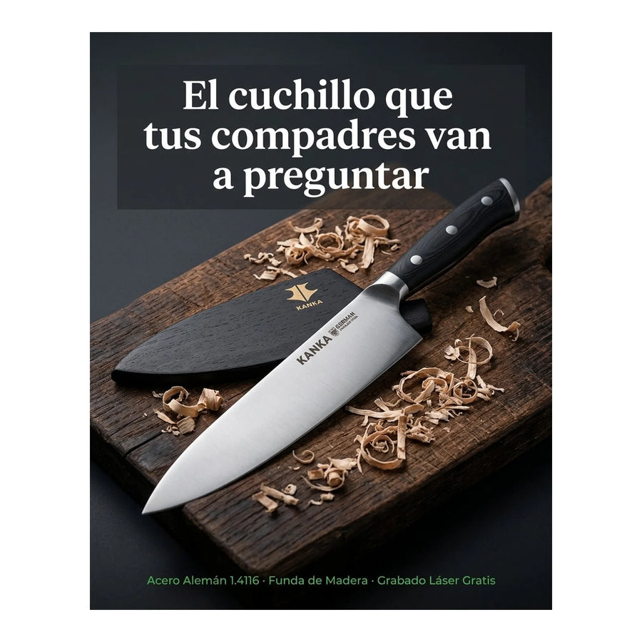 Cuchillo Chef Acero Alemán Kanka 8" — Funda Madera + Grabado Personalizado