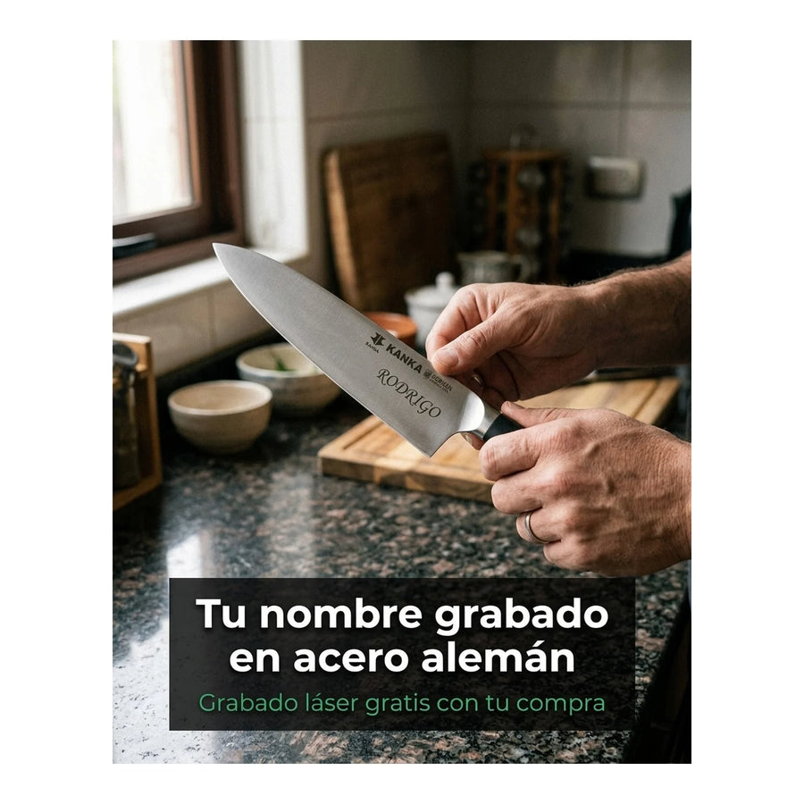 Cuchillo Chef Acero Alemán Kanka 8" — Funda Madera + Grabado Personalizado
