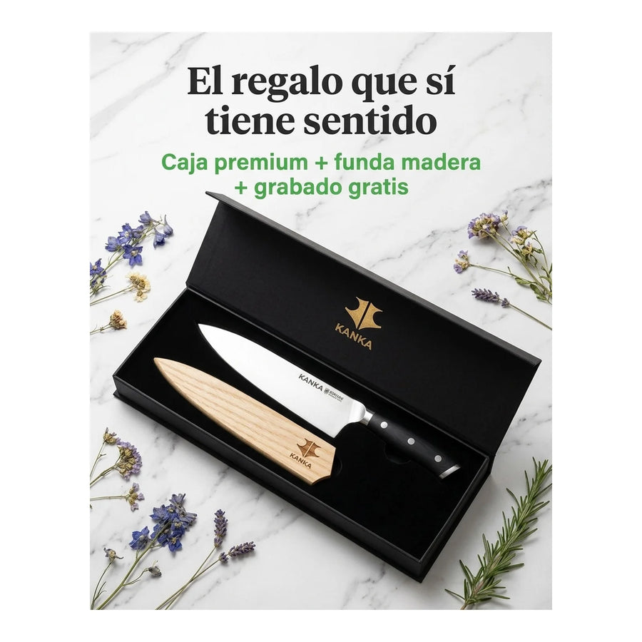 Cuchillo Chef Acero Alemán Kanka 8" — Funda Madera + Grabado Personalizado