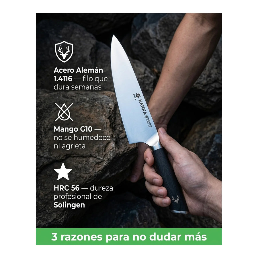 Cuchillo Chef Acero Alemán Kanka 8" — Funda Madera + Grabado Personalizado