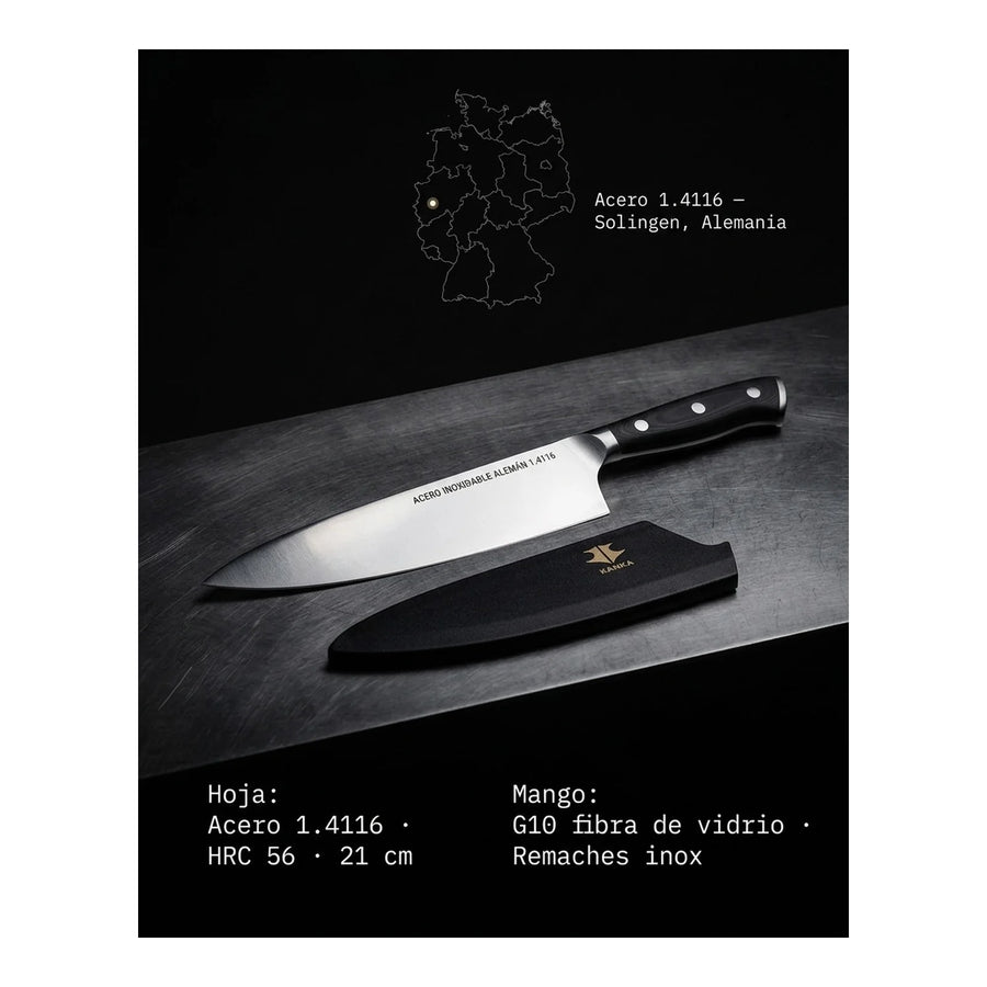 Cuchillo Chef Acero Alemán Kanka 8" — Funda Madera + Grabado Personalizado
