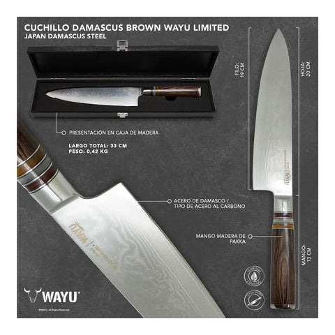 Cuchillo Acero Damasco Brown Wayu + Grabado Laser Chile