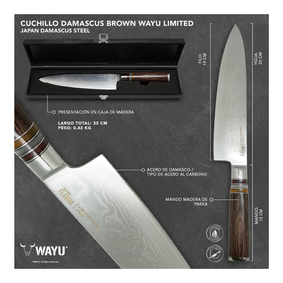 Cuchillo Acero Damasco Brown Wayu + Grabado Laser Chile
