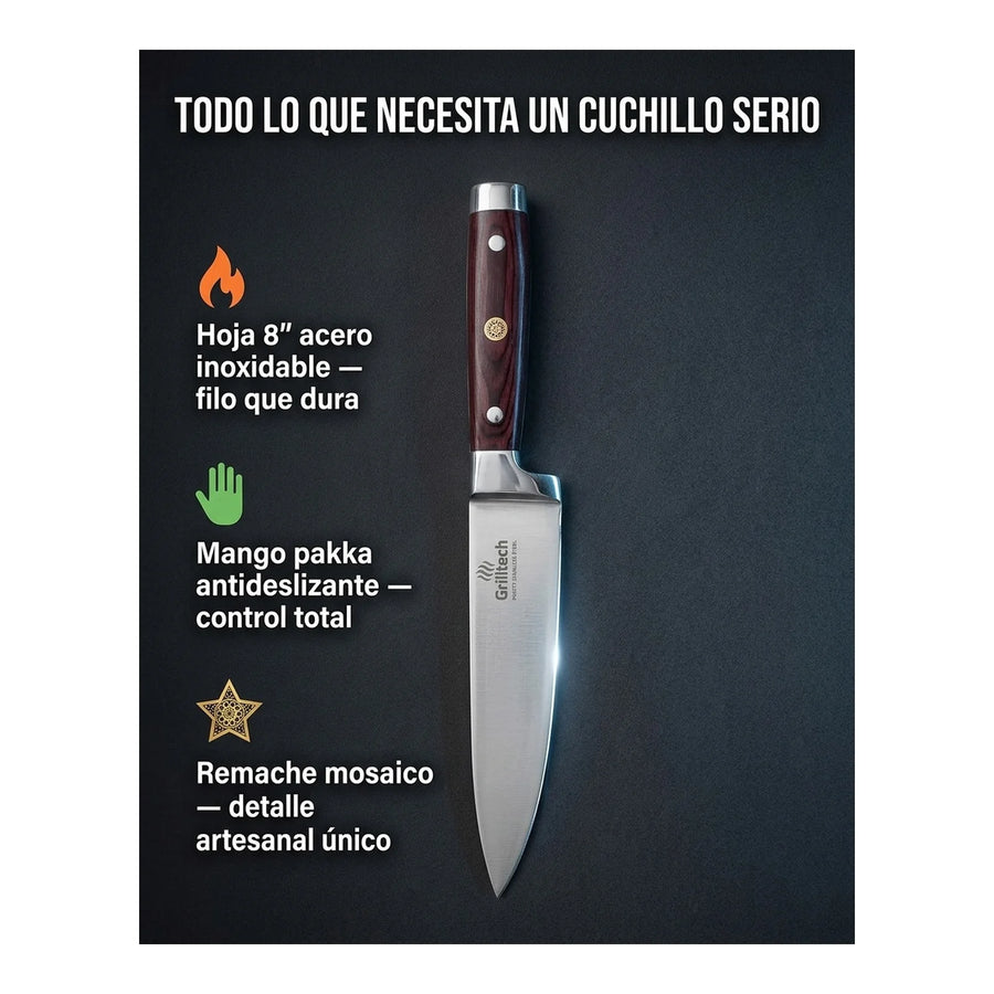 Cuchillo Chef Acero Inoxidable Con Hoja De 8 Grilltech + Grabado Personalizado