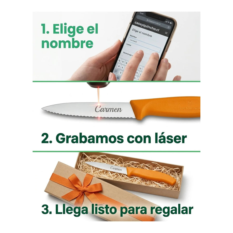 Cuchillo Cocina Victorinox Naranjo 6.7636.l119 Dentado 8cm + Grabado Personalizado