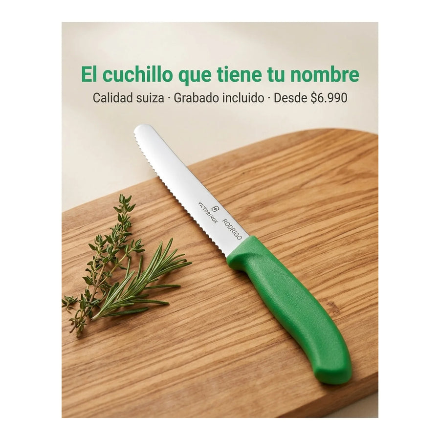 Cuchillo Cocina Victorinox Verde 6.7836.l114 Dentado 10cm + Grabado Personalizado