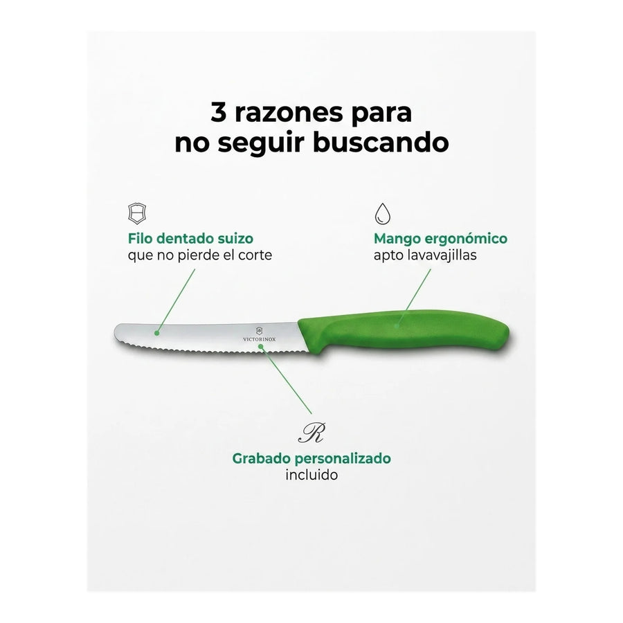 Cuchillo Cocina Victorinox Verde 6.7836.l114 Dentado 10cm + Grabado Personalizado