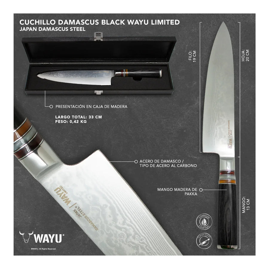 Cuchillo Acero Damasco Black Wayu + Grabado Laser Gratis Chile