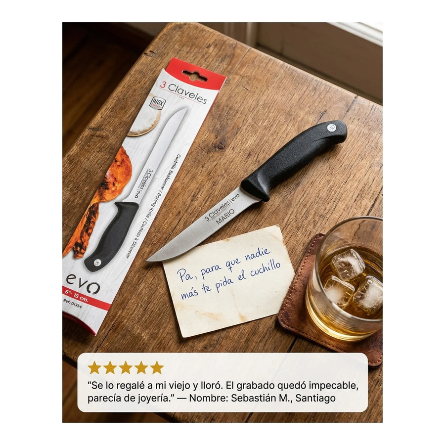 Cuchillo De Cocina 15cm Deshuesar 3 Claveles Evo Acero Color Gris + Grabado Personalizado