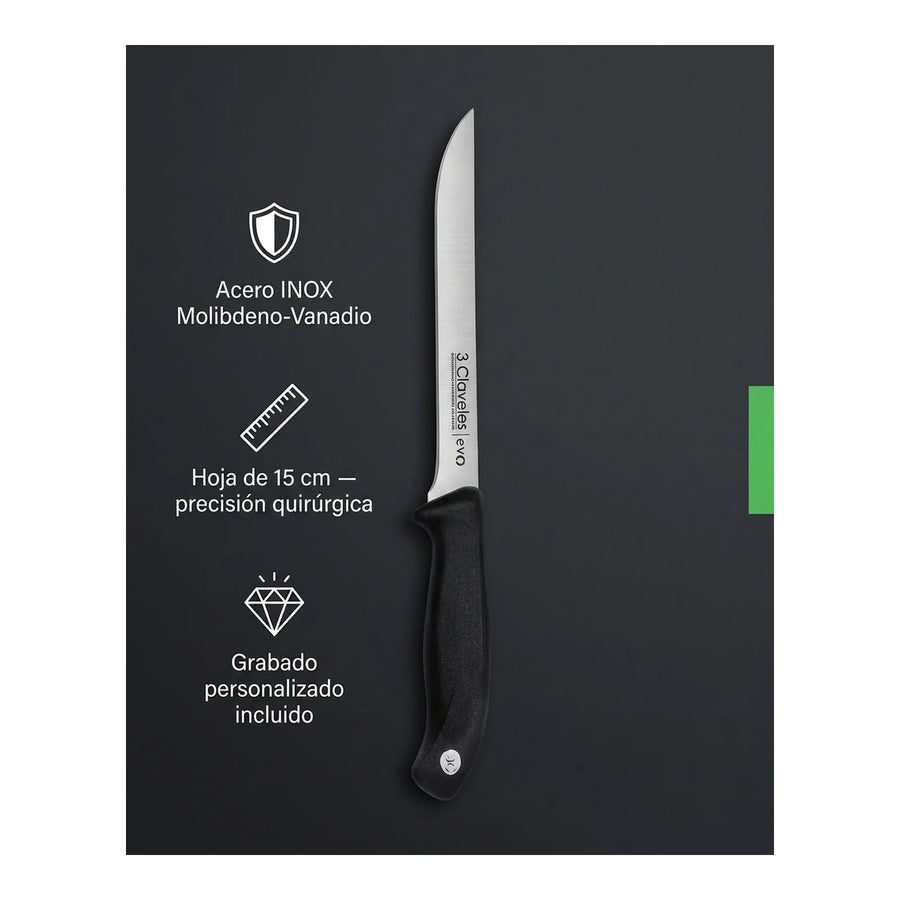 Cuchillo De Cocina 15cm Deshuesar 3 Claveles Evo Acero Color Gris + Grabado Personalizado