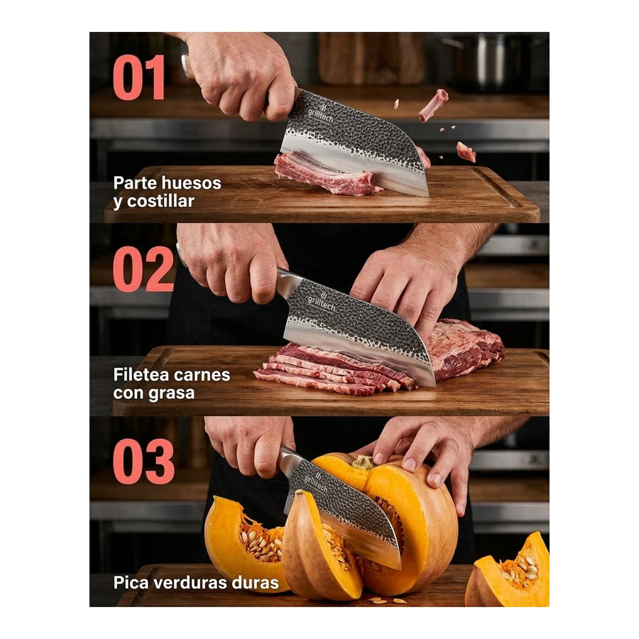 Cuchillo Machete Martillado Grilltech Premium Asado Cocina + Grabado Personalizado
