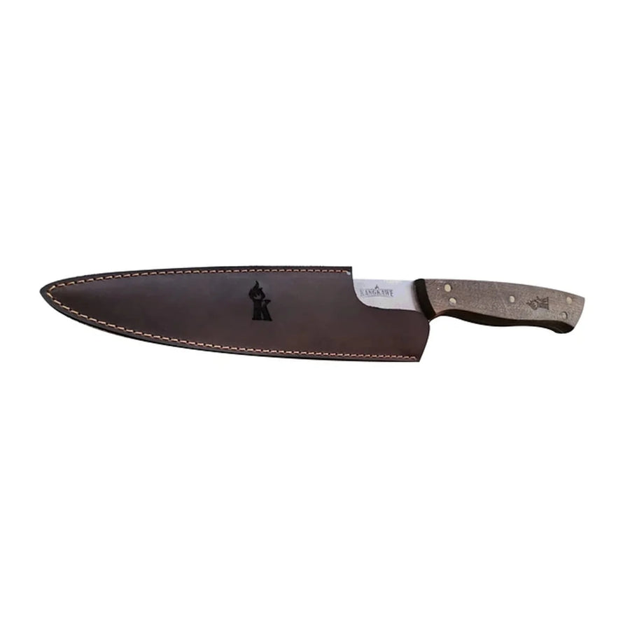 Cuchillo parrillero Kangkawe con funda de cuero en vista lateral
