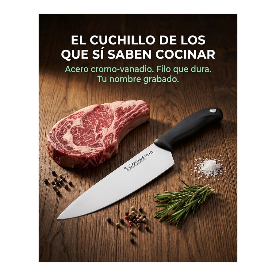 Cuchillo Tres Claveles Cocinero Evo 20 Cms 1357 Color Negro + Grabado Personalizado