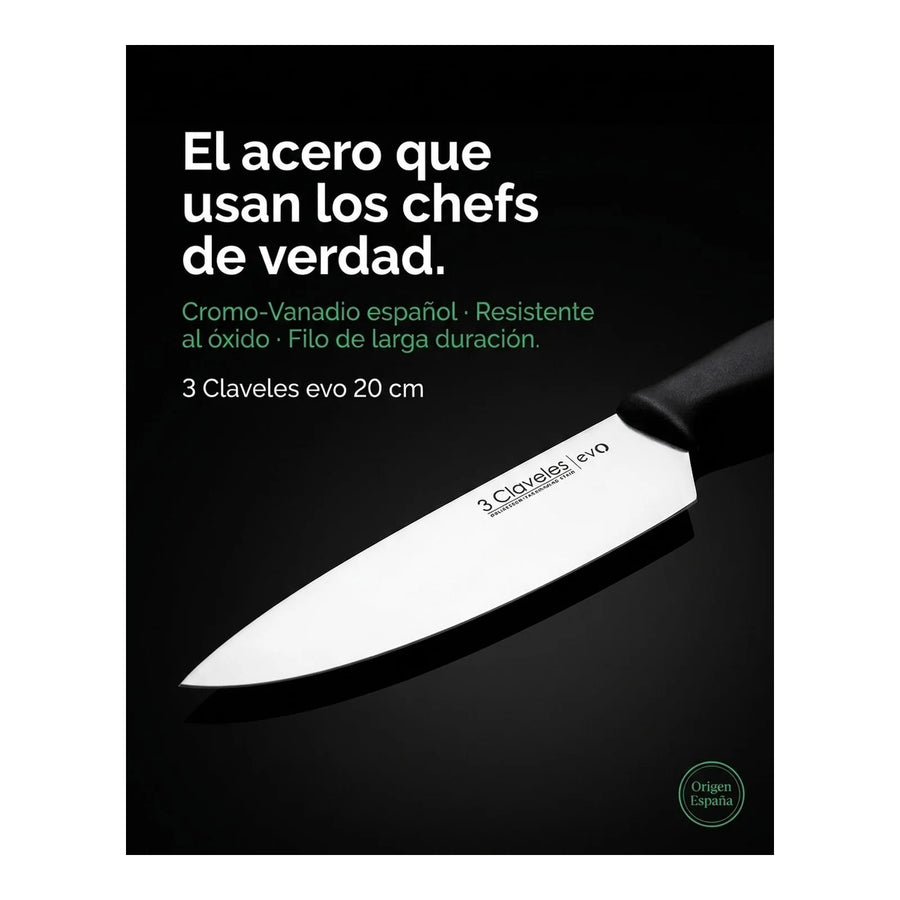 Cuchillo Tres Claveles Cocinero Evo 20 Cms 1357 Color Negro + Grabado Personalizado